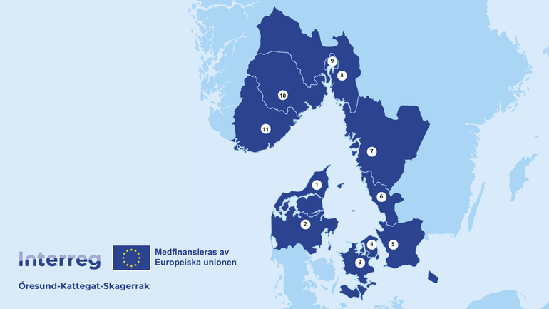 Kart over regioner som inngår i Interreg Öresund-Kattegat-Skagerrak.