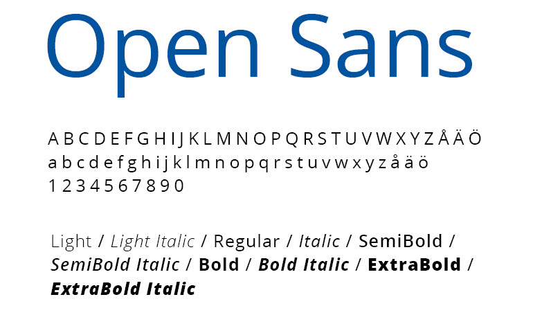Skrifttypen Open Sans i forskellige skrifttypevarianter