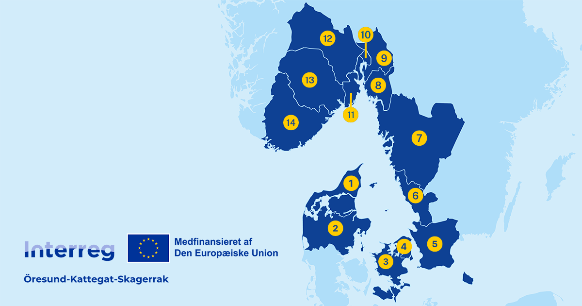 Karta över regioner som ingår i Interreg Öresund-Kattegat-Skagerrak