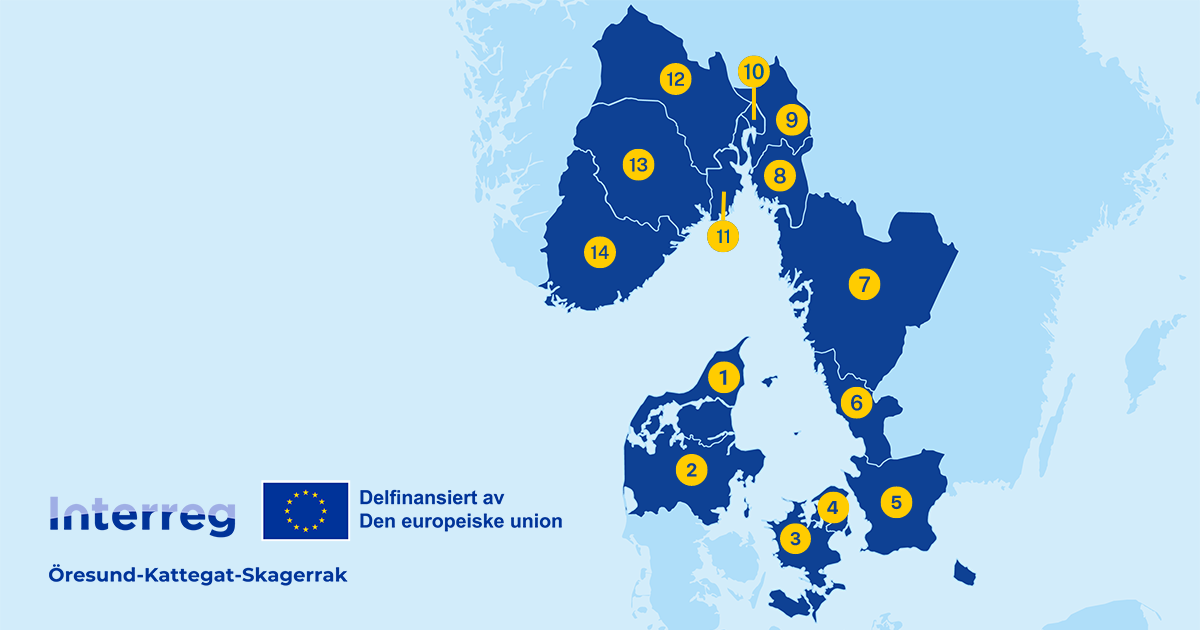 Kart over regioner som inngår i Interreg Öresund-Kattegat-Skagerrak.